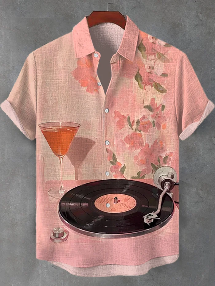 Men's Lazy Record Player Cocktail Atmosphere Oil Painting Art Print Linen Blend Shirt