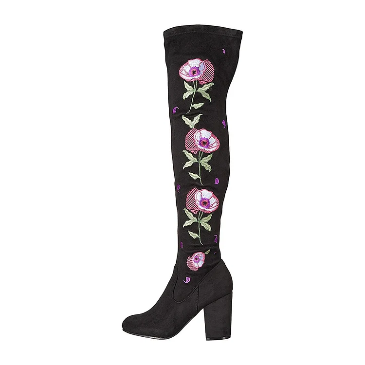 Black Floral Embroidered Over the Knee Boots with Block Heels |FSJ Shoes