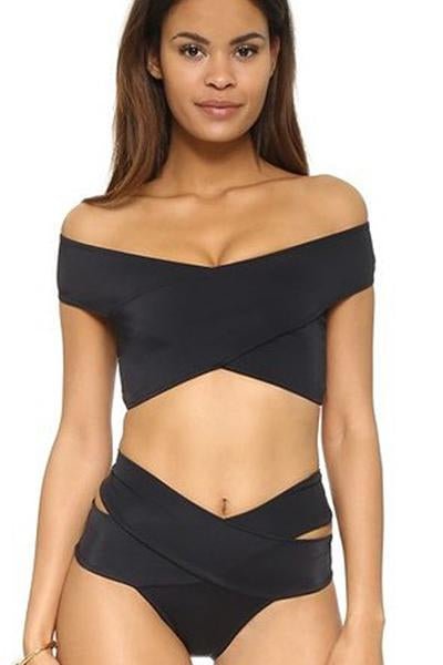 Black Off The Shoulder High Waisted Sexy Two Piece Swimsuit - Shop Trendy Women's Clothing | LoverChic