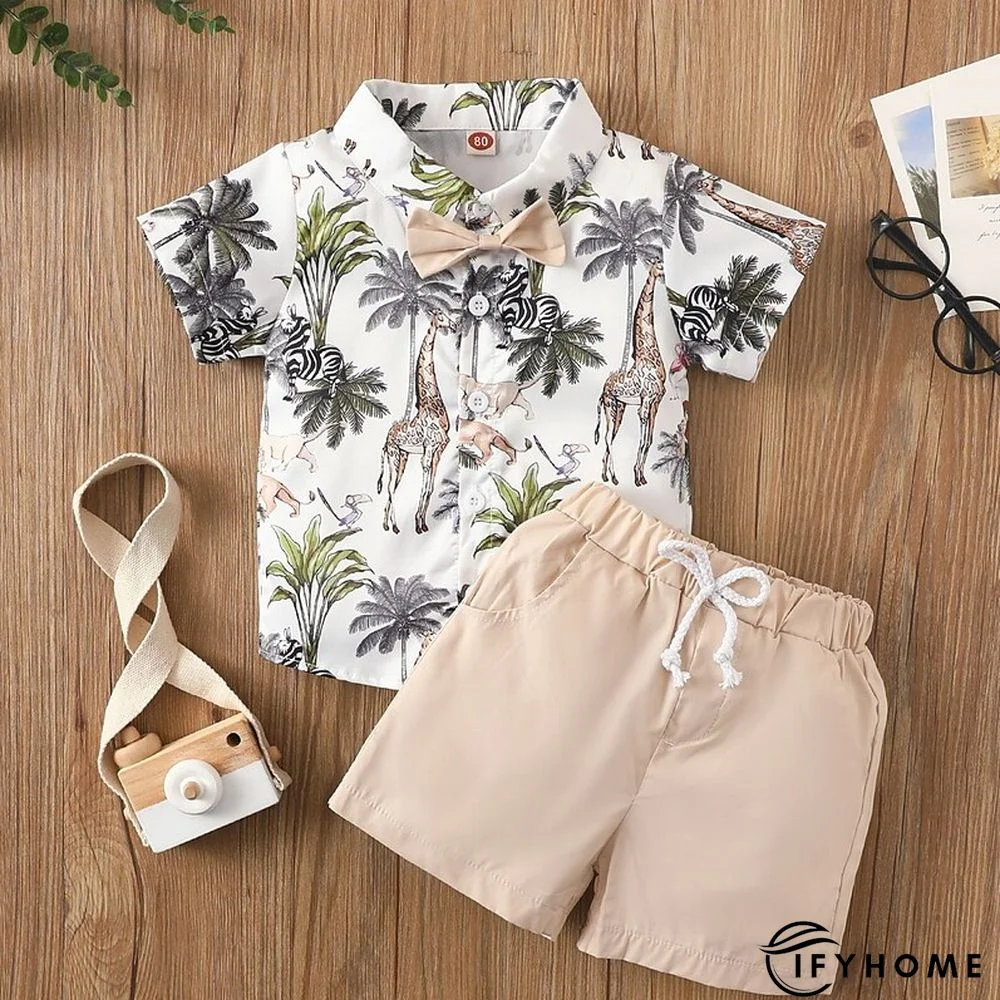 2 Pieces Kids Boys Shirt & Shorts Clothing Set Outfit Animal Giraffe Tiger Short Sleeve Bow Set Outdoor Daily Casual Spring Summer 1-5 Years Green Beige | IFYHOME