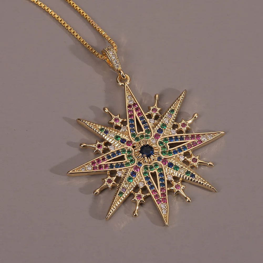 Copper Real Gold Plated Multicolored Zircon Hexagram Pendant Necklace