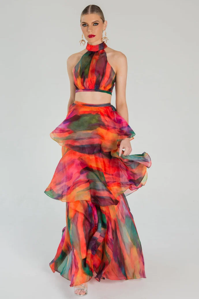 Multicolor Print Halter Layered Maxi Skirt Prom Two Piece Set
