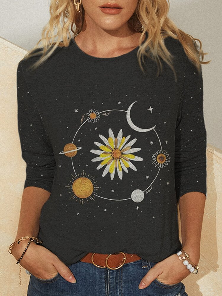 Galaxy Printed Long Sleeve O neck T shirt For Women P1785941