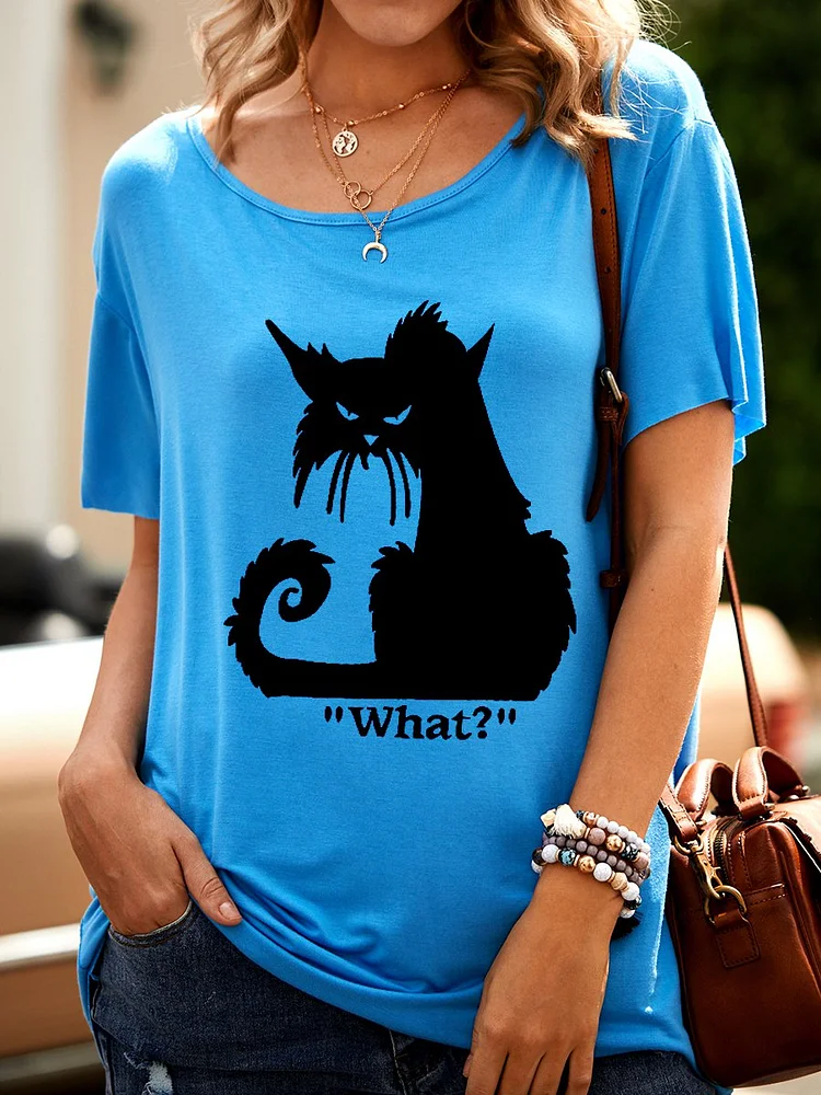 Bestdealfriday Black Cat Graphic Rolled Sleeve Tee