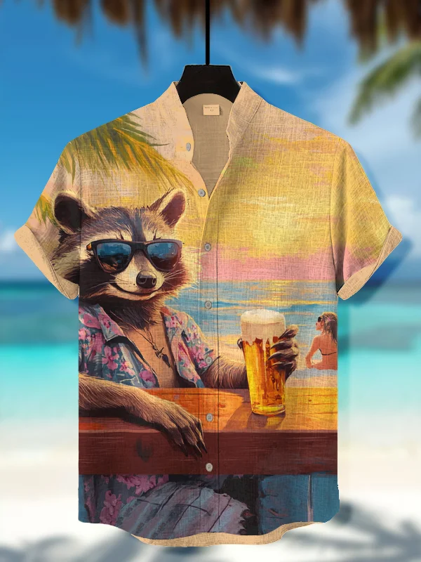 Men's Raccoon Drinks Beer Sunset Landscape Print Short Sleeve Shirt