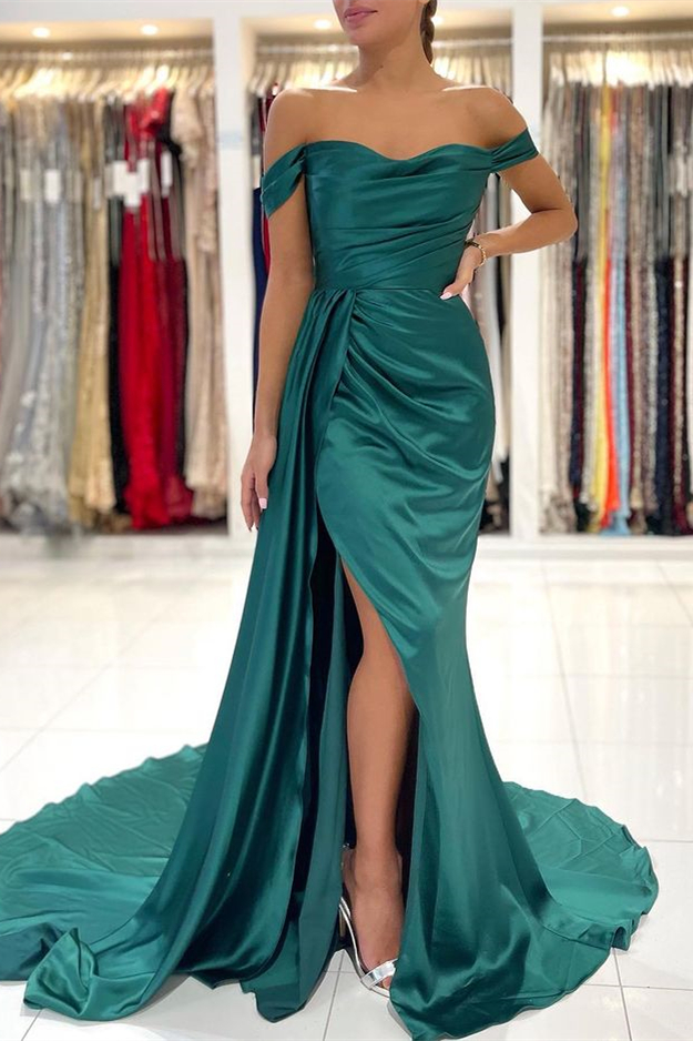 Bellasprom Dark Green Off-the-Shoulder Prom Dress Ruffles With Slit Mermaid Bellasprom