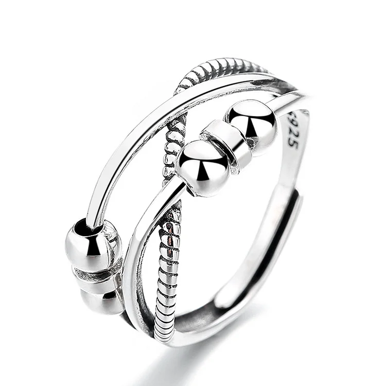 S925 Sterling Silver Three-layer Cross Bead Spinner Open Ring