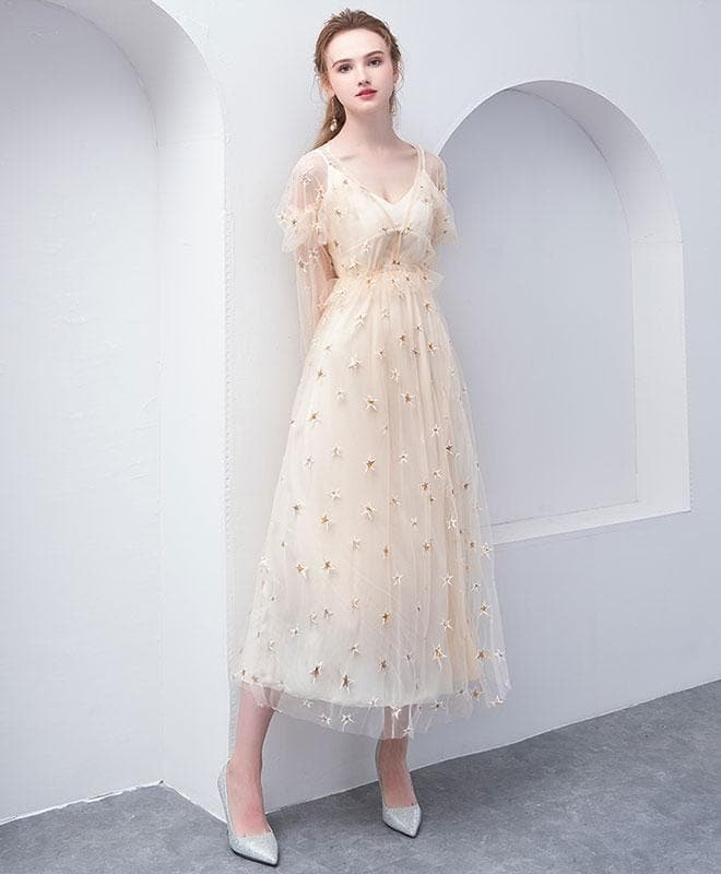 Champagne V Neck Tulle Prom Dress, Tulle Evening Dress
