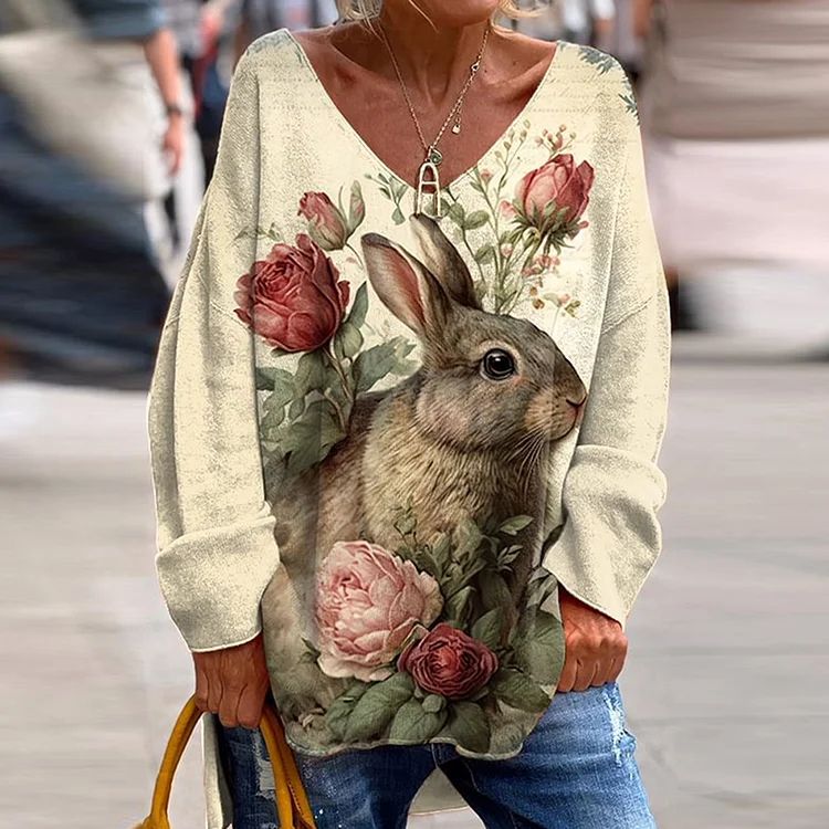 Retro Easter Cute Bunny Floral Print Long Sleeve T-Shirt