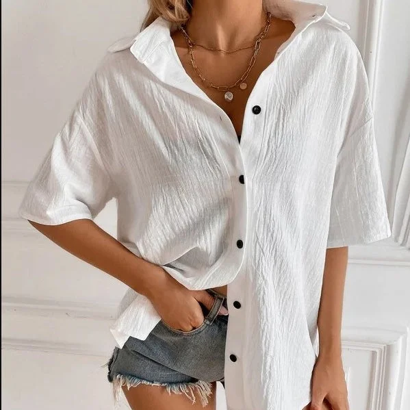Women's Solid Color Dropped Shoulder Short Sleeve Cotton Linen Fashion Casual Shirt socialshop