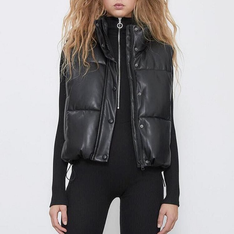 Autumn Winter Women Black Faux Leather Jackets Fashion Zipper Sleeveless Coat Tops Female Casual Warm Outwear Ladies - BlackFridayBuys