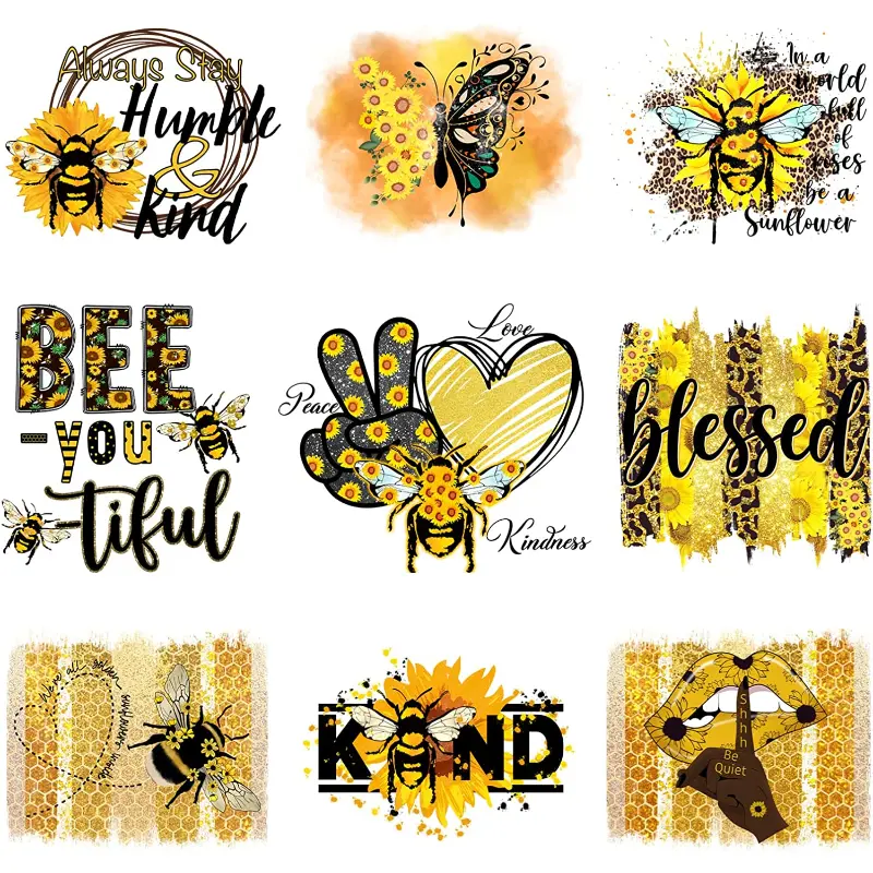9pcs Bee Humble Kind Iron On Decals For Clothing Fashion Bees Iron On Patches DIY Heat Transfer Stickers For T-Shirt Jean Appliques-Guru-buzz