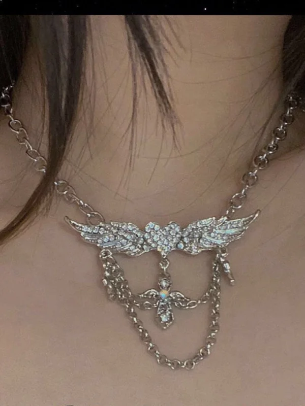 Y2K Elegant Glitter Heart Wings Cross Pendant Choker