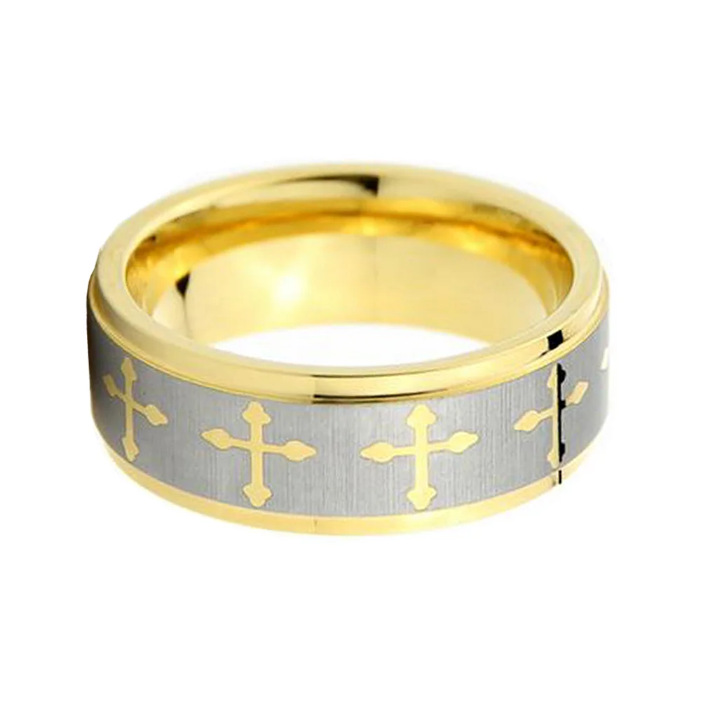 8MM Tungsten Carbide Ring Gold Celtic Cross Center Silver Brushed Couple Rings