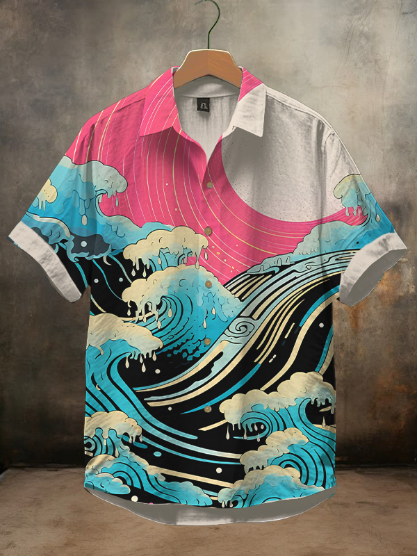 Men's Retro Sea Wave Japanese Art Print Shirt