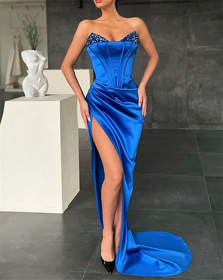Women's Blue Tube Top Slit Evening Dress