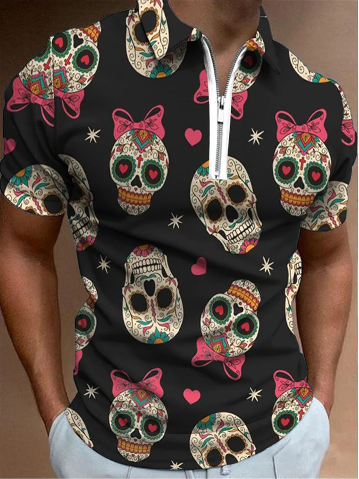 Casual Short Sleeve Digital Print Slim Pullover Men's Polo Shirt Skull and Pumpkin Prints-Cosfine