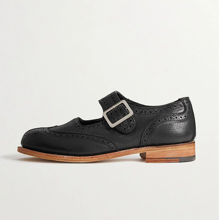 Women's Black Low Block Heel Mary Jane Shoes with Brogue-inspired |FSJ Shoes