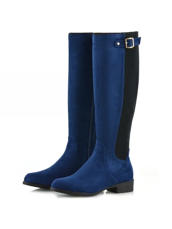 Navy and Black Contrast Knee-high Boots with Round Toe and Flat Heel Vdcoo