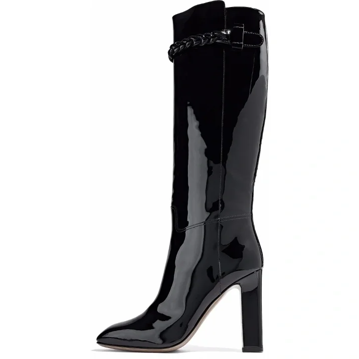 Black Knee-High Black Patent Leather High Heel Boots Vdcoo