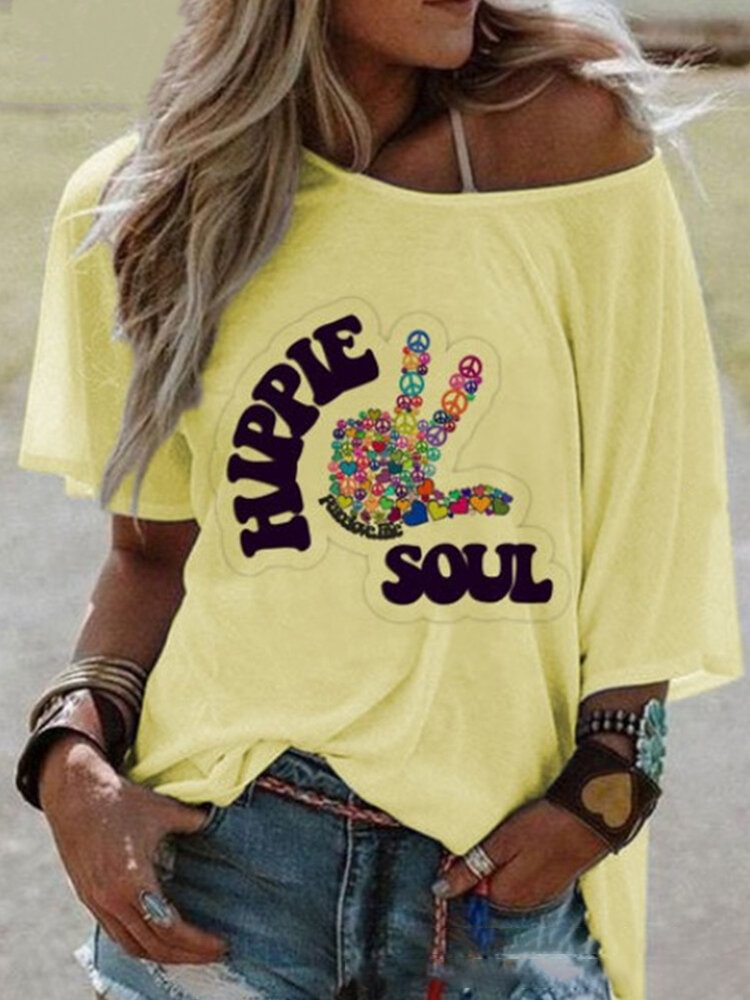 Off shoulder Letter Print Loose Short Sleeve Blouse For Women P1674007