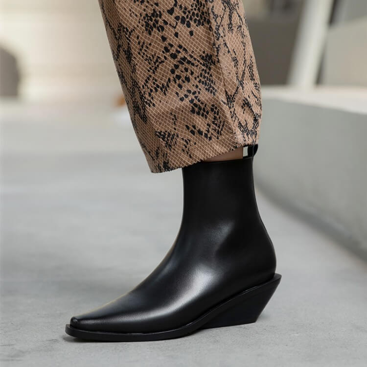 VCSHOES Black Leather Square Toe Wedge Ankle Boots