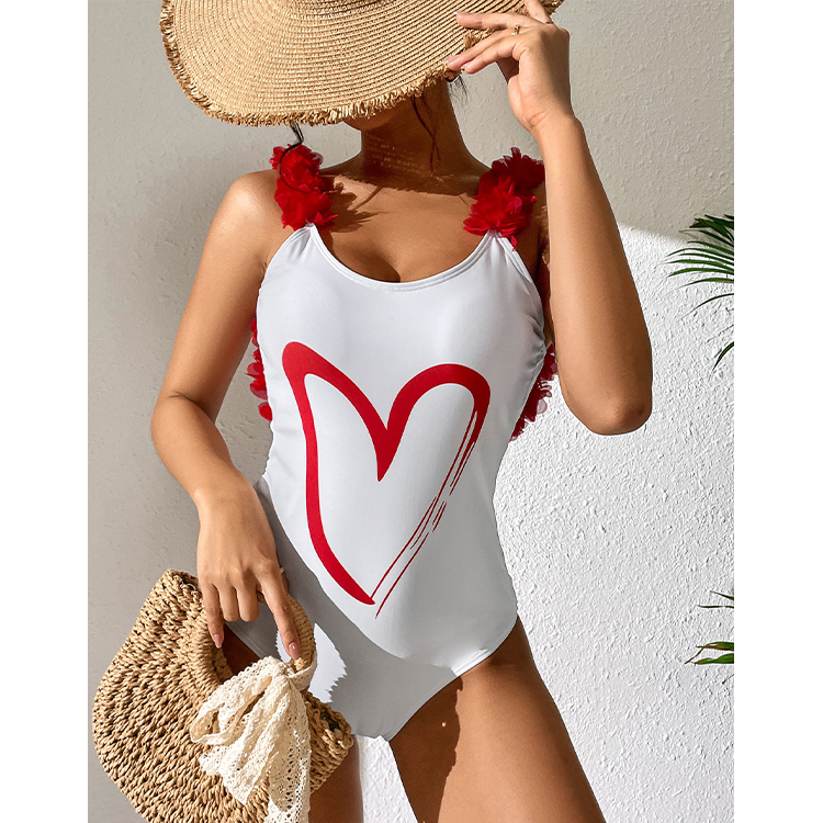 Flaxmaker Backless Heart Printed One Piece Swimsuit