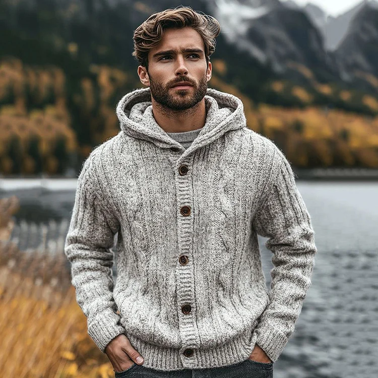 Men's Knitted Chunky Design Hooded Button Sweater