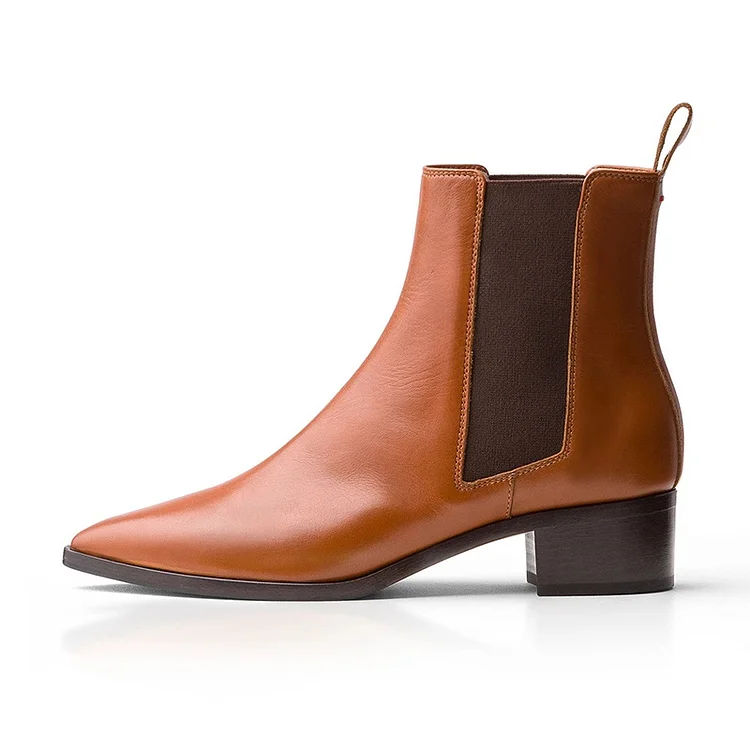 Vintage Brown Chelsea Boots Pointed Toe Block Heel Booties for Women |FSJ Shoes