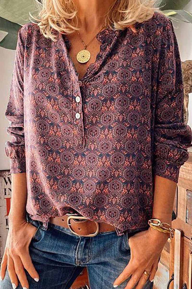 Printed V-Neck Lapel Button Vintage Casual Long Sleeve Shirt