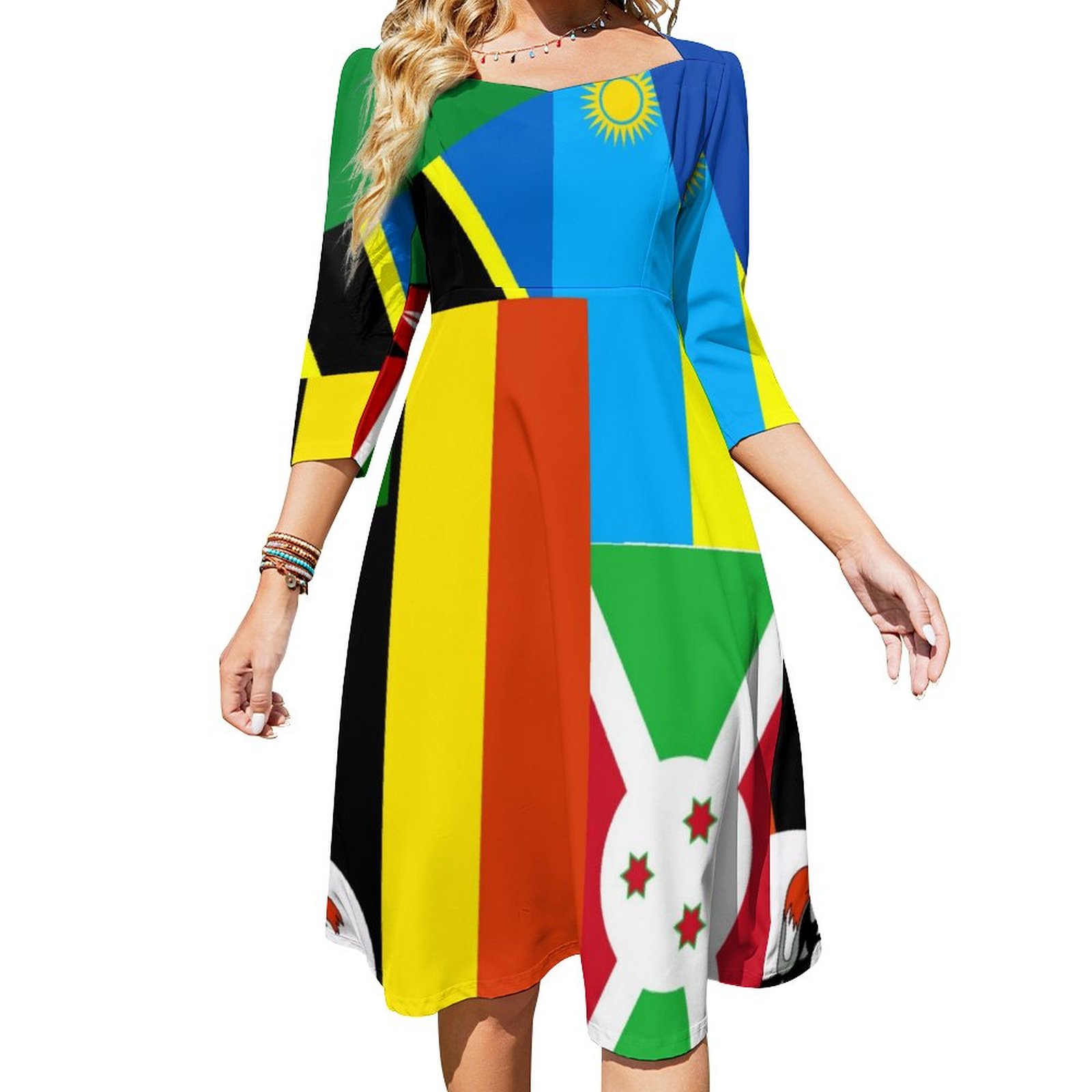 SFNEEWHO Tanzania Rwanda Burundi South Sudan Uganda Kenya Dress Sweetheart  Tie Back Flared 3/4 Sleeve Midi Dresses