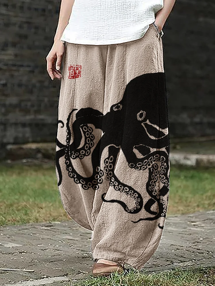 Comstylish Octopus Japanese Lino Art Linen Blend Wide Leg Pants