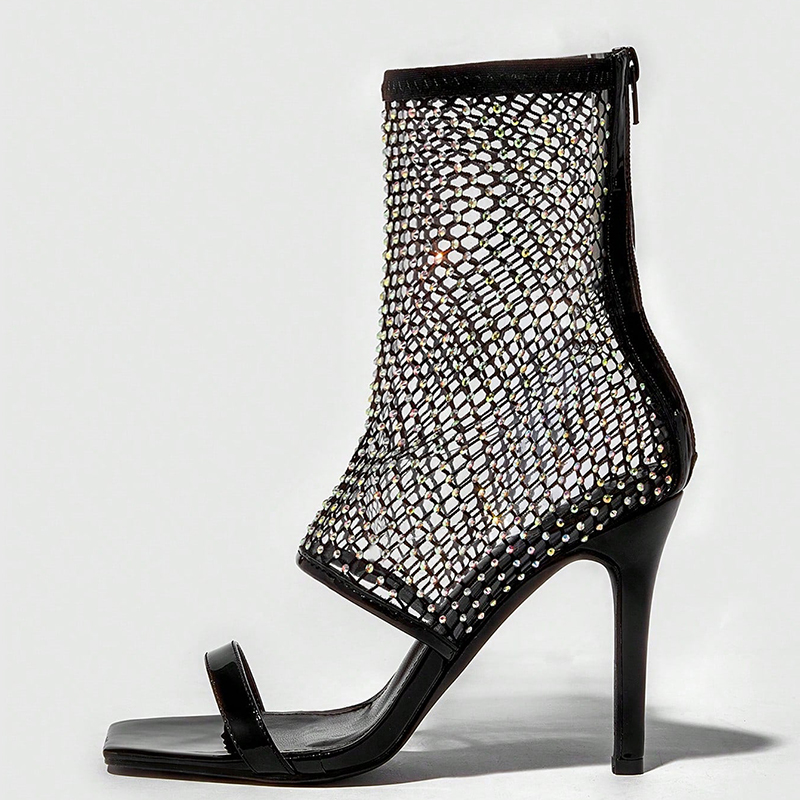 GOOSHOE Square Toe Patent Leather Boots Stiletto Heel Net Sandals
