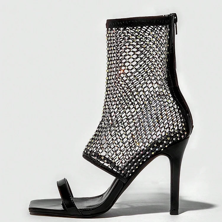 Black Square Toe Patent Leather Boots Stiletto Heel Net Sandals |FSJ Shoes