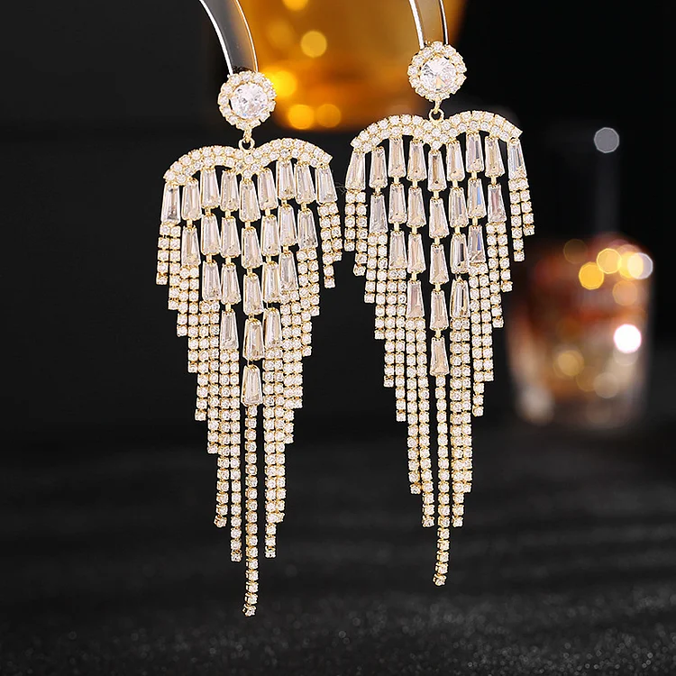 Exaggerated Long Fringe Flowing Rhinestone Earrings-Gold