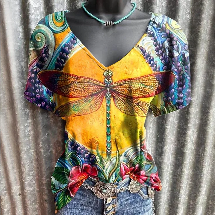 Casual Dragonfly Print Short Sleeve T-Shirt