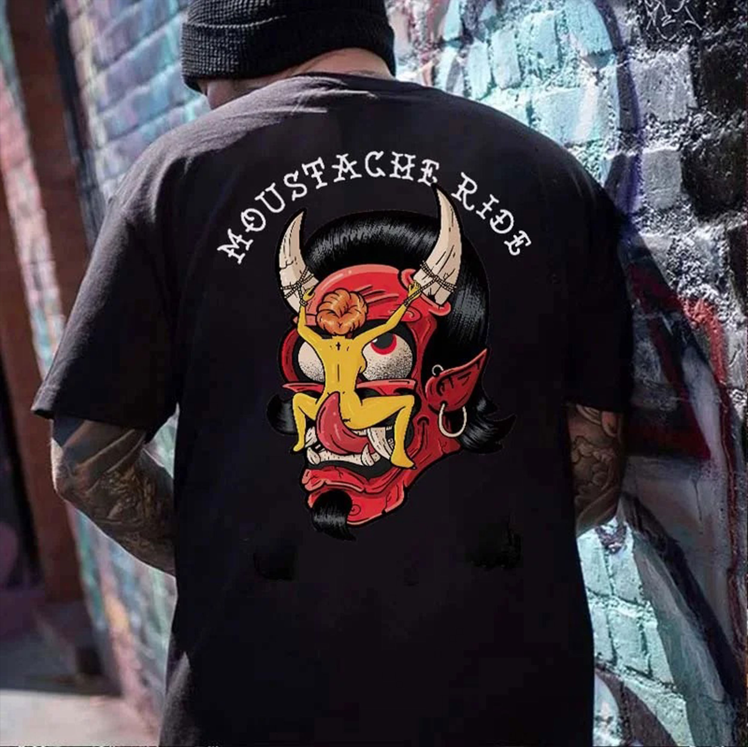 MOUSTACHE RIDE Devil Face With Naked Lady Black Print T Shirt