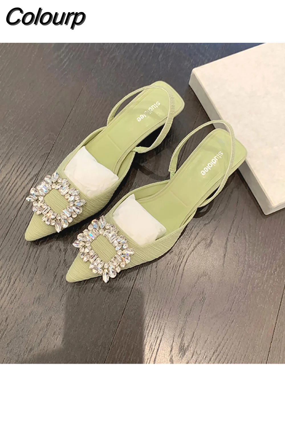 Colourp Summer Ladies Pumps Rhinestone Square Buckle Pointed Toe Shallow High Heel Sandals Sexy Women's Party Wedding Shoes 35-43