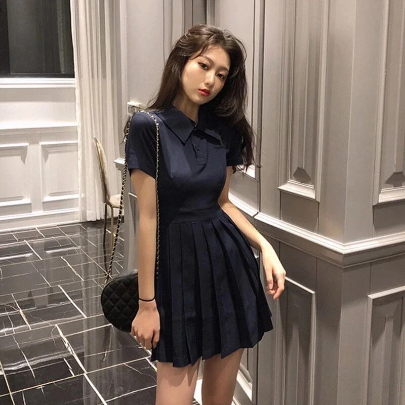 Ueong Pleated Mini Dress Women Short Sleeve High Waist Office Lady Korean French Sweet Party Dress Summer Student Style Z224