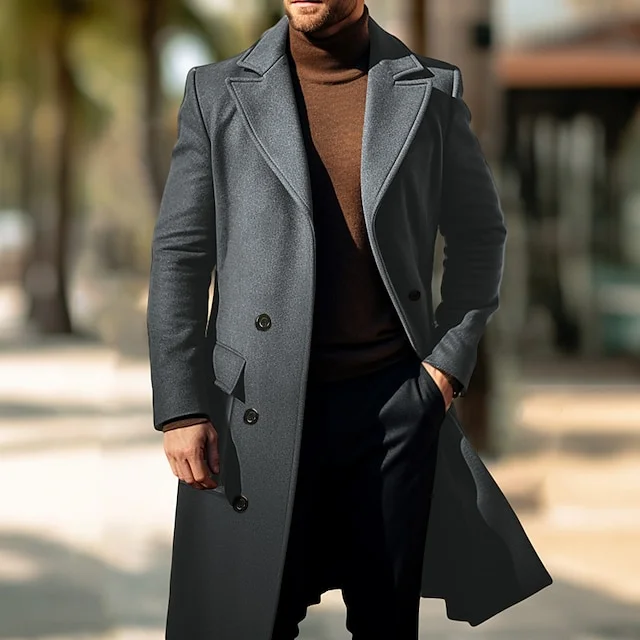 Casual Notched Collar Button Pocket Long Sleeve Woolen Trench Coat