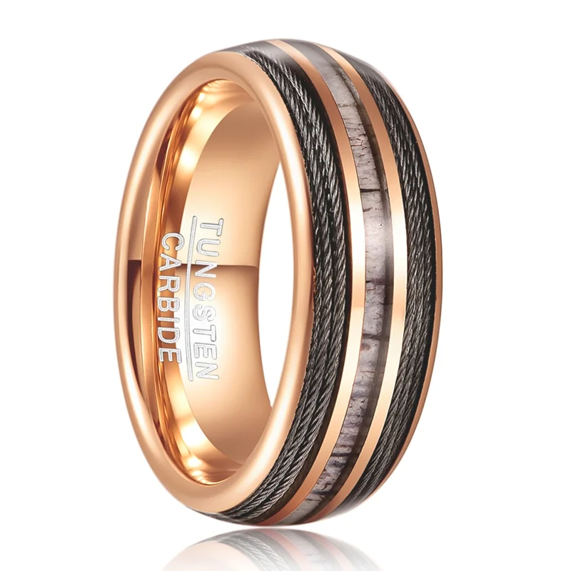 8mm Wood And Antler Wire Inlay Rose Gold Tungsten Carbide Rings Men's Wedding Bands