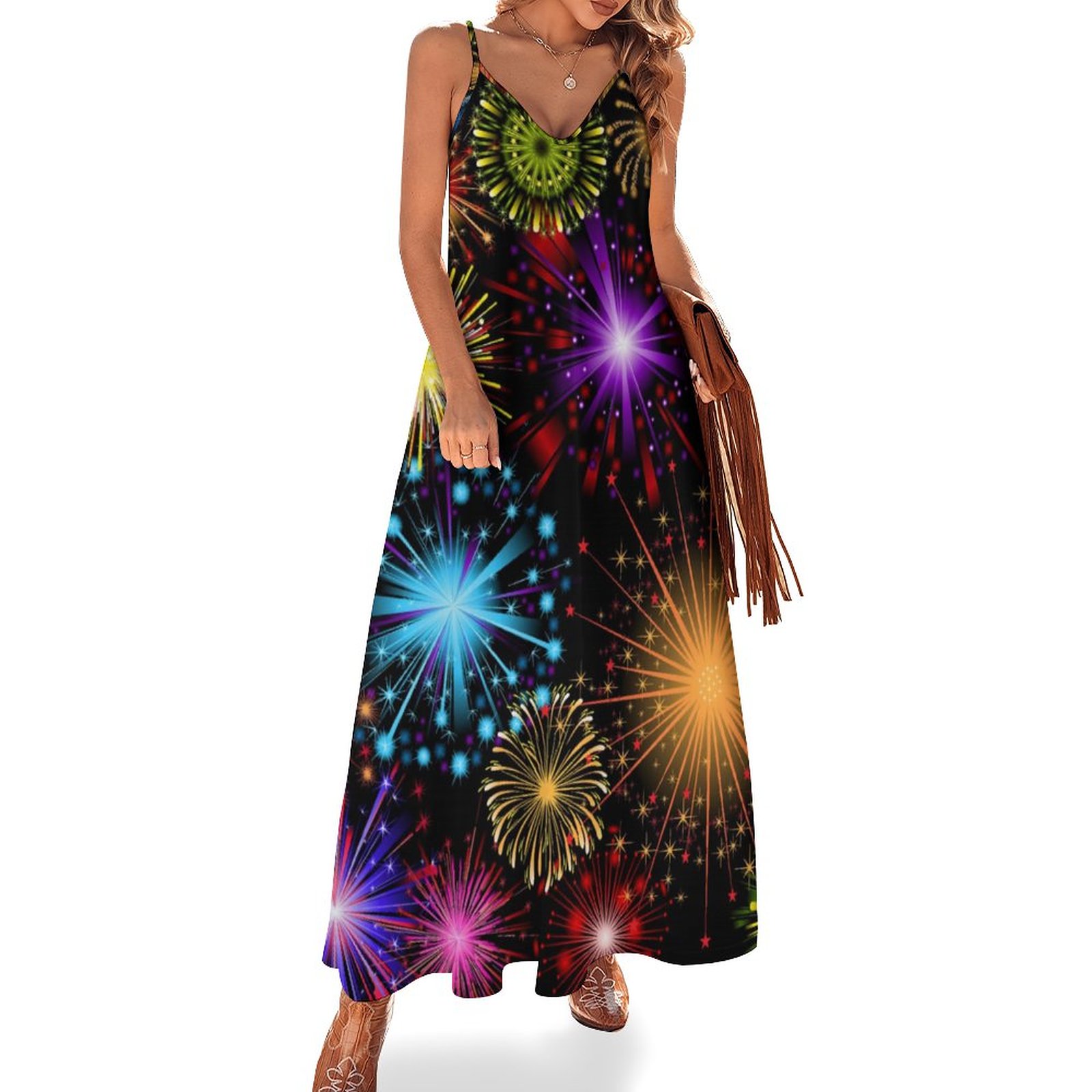 Fun New Years Eve Holiday Party Women's Casual Strappy V Neck Sleeveless Flowy Loose Long Maxi Beach Dress Sundress Geometric-L