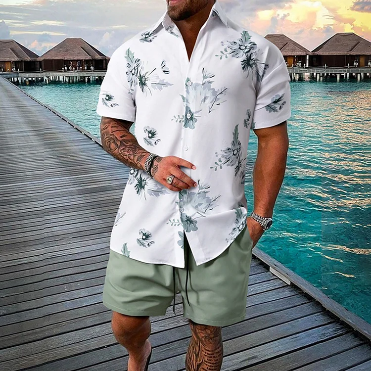 Comstylish Hawaiian Vacation Men Floral Print Short Sleeved Two Piece Set