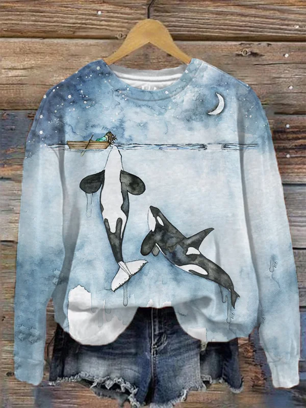 Women's Watercolor Painting Ocean Killer Whale Print Sweatshirt