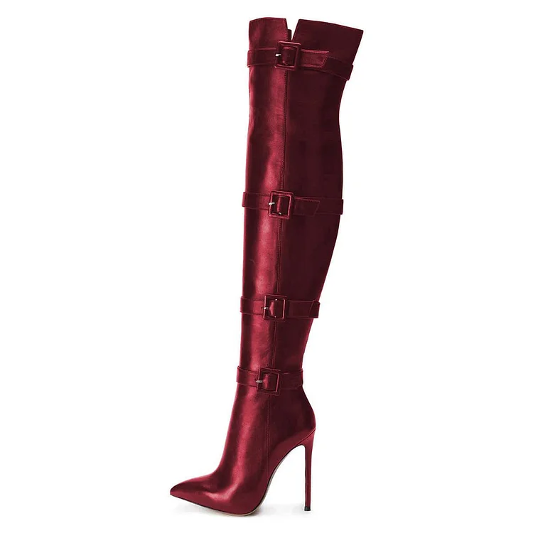 Burgundy Thigh High Heel Boots Pointy Toe Stiletto Heel Long Boots |FSJ Shoes