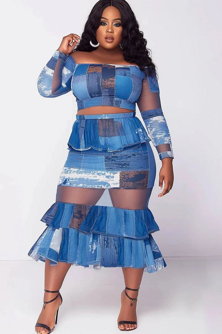 Xpluswear Design Plus Size Daily Blue Denim Print Off The Shoulder Long Sleeve See Through Ruffle Two Piece Skirt Sets [Pre-Order]