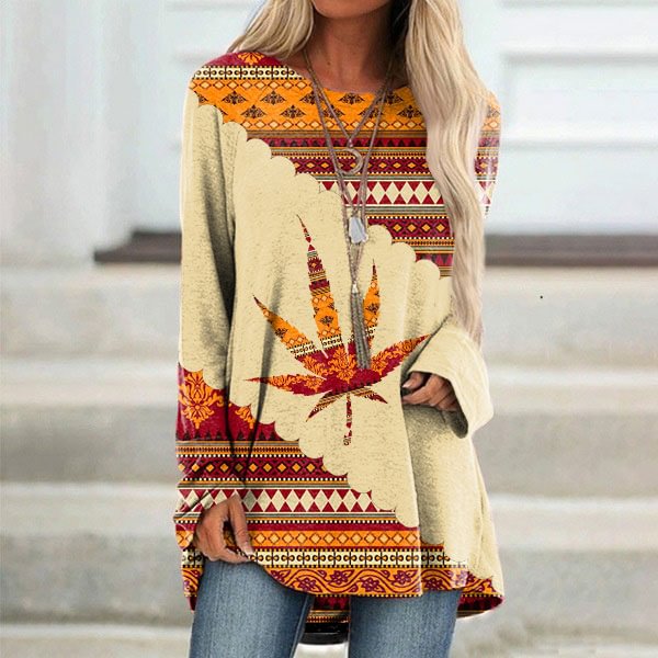 Vefave Long Sleeve Totem Patchwork Leaf Print Tunic