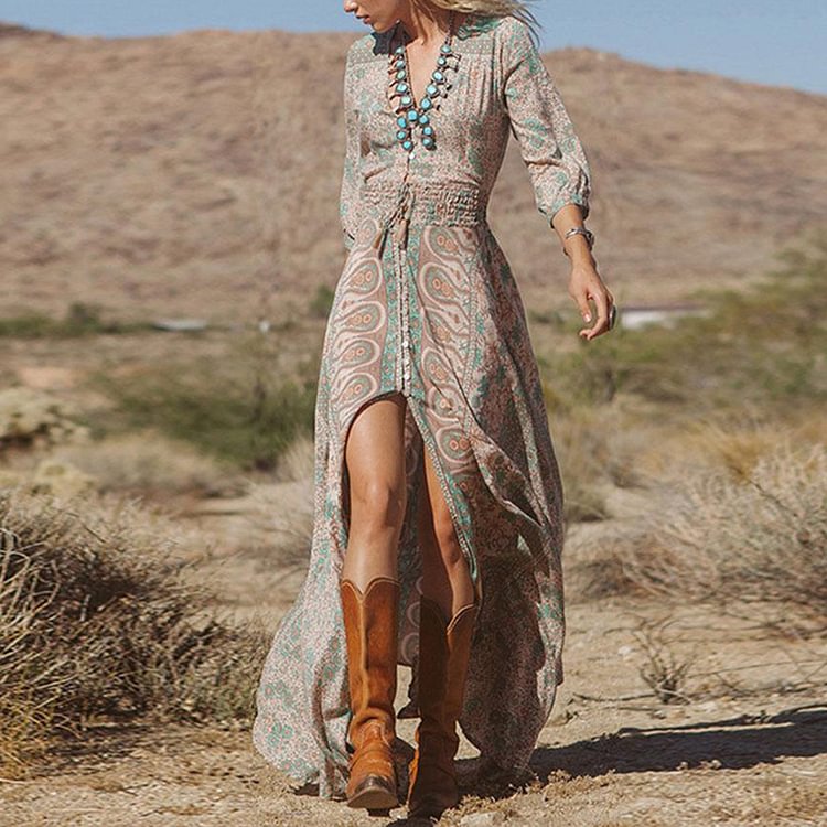 VChics Western Style Boho Print Slit Maxi Dress