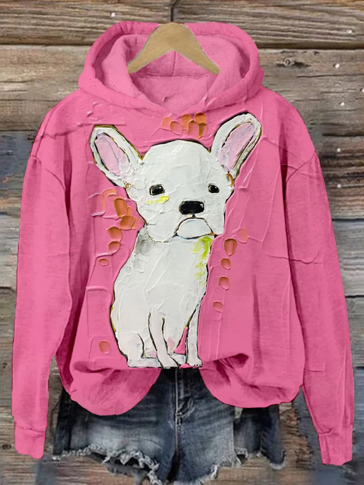 White French Bulldog Oil Painting Art Cozy Hoodie