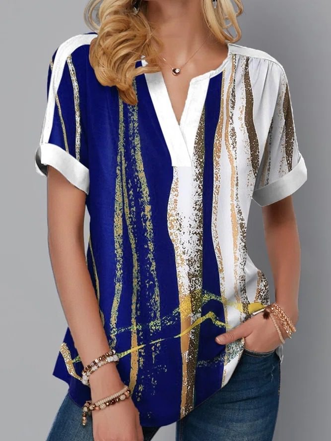 Printed Short Sleeved Casual V Neck Top P181400433